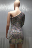 Silver Fashion Patchwork Sequins One Shoulder Pencil Skirt Dresses