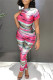 Rose Red Fashion Casual Print Basic O Neck Short Sleeve Two Pieces