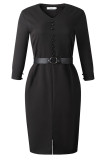 Black Casual Solid Patchwork Slit Beading With Belt O Neck One Step Skirt Dresses