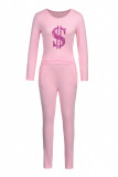 Pink Fashion Casual Print Basic O Neck Long Sleeve Two Pieces