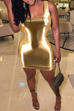 Gold Fashion Sexy Solid Basic U Neck Vest Dress