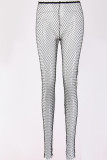 White Sexy Hollowed Out Patchwork See-through Rhinestone Regular Mid Waist Pencil Patchwork Bottoms