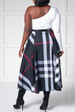 Tibetan Blue Plaid Patchwork One Shoulder A Line Dresses
