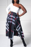Tibetan Blue Plaid Patchwork One Shoulder A Line Dresses