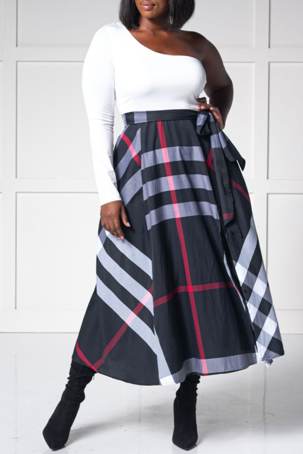 Tibetan Blue Plaid Patchwork One Shoulder A Line Dresses