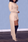 Apricot Casual Solid Hollowed Out O Neck Long Sleeve Two Pieces