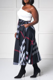 Tibetan Blue Plaid Patchwork One Shoulder A Line Dresses