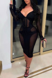 Black Fashion Sexy Patchwork See-through V Neck Sheath Dresses