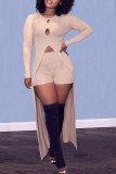 Apricot Casual Solid Hollowed Out O Neck Long Sleeve Two Pieces