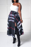 Tibetan Blue Plaid Patchwork One Shoulder A Line Dresses