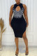 Black Fashion Sexy Print Hollowed Out Slit O Neck Sleeveless Dress