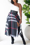 Tibetan Blue Plaid Patchwork One Shoulder A Line Dresses