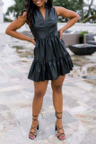 Black Fashion Sexy Casual Print Draw String V Neck Ball Gown Dresses