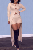 Apricot Casual Solid Hollowed Out O Neck Long Sleeve Two Pieces