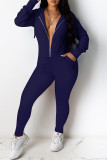 Deep Blue Casual Solid Basic Hooded Collar Long Sleeve Two Pieces
