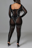 Black Fashion Sexy Patchwork Hot Drilling See-through Backless Square Collar Skinny Jumpsuits