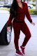Burgundy Casual Sportswear Letter Print Patchwork Hooded Collar Long Sleeve Two Pieces