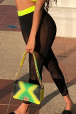 Fluorescent Green Fashion Sexy Patchwork See-through Skinny High Waist Pencil Trousers