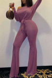 Purple Fashion Casual Solid Basic Oblique Collar Regular Jumpsuits