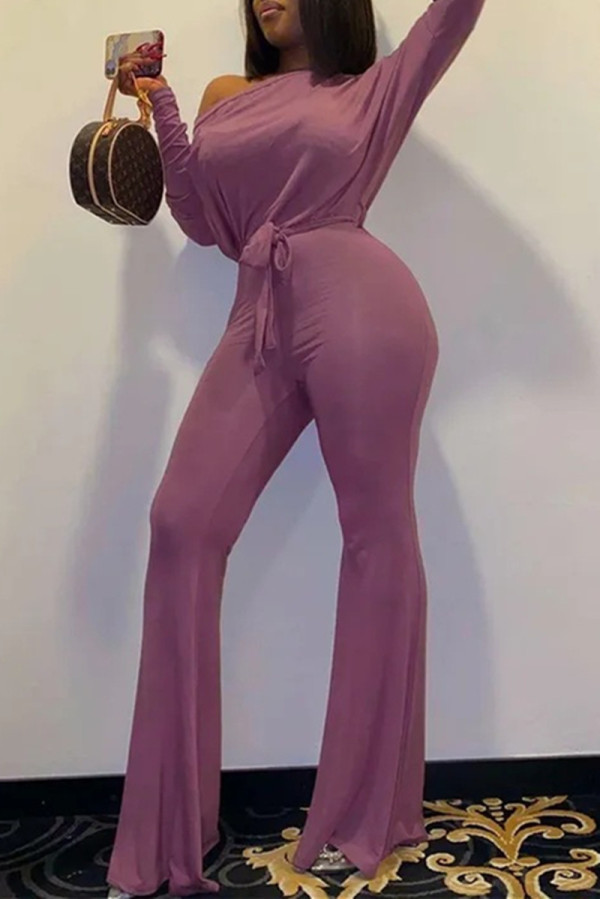 Purple Fashion Casual Solid Basic Oblique Collar Regular Jumpsuits