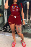 Pink Fashion Casual Letter Print Ripped O Neck Short Sleeve Two Pieces