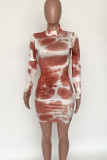 Tangerine Red Sexy Print Hollowed Out Patchwork Half A Turtleneck Pencil Skirt Dresses