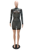 Black Fashion Sexy Patchwork Hot Drilling See-through Half A Turtleneck Long Sleeve Dresses