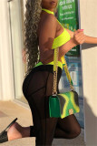 Fluorescent Green Fashion Sexy Patchwork See-through Skinny High Waist Pencil Trousers