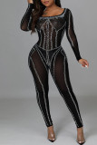 Black Fashion Sexy Patchwork Hot Drilling See-through Backless Square Collar Skinny Jumpsuits