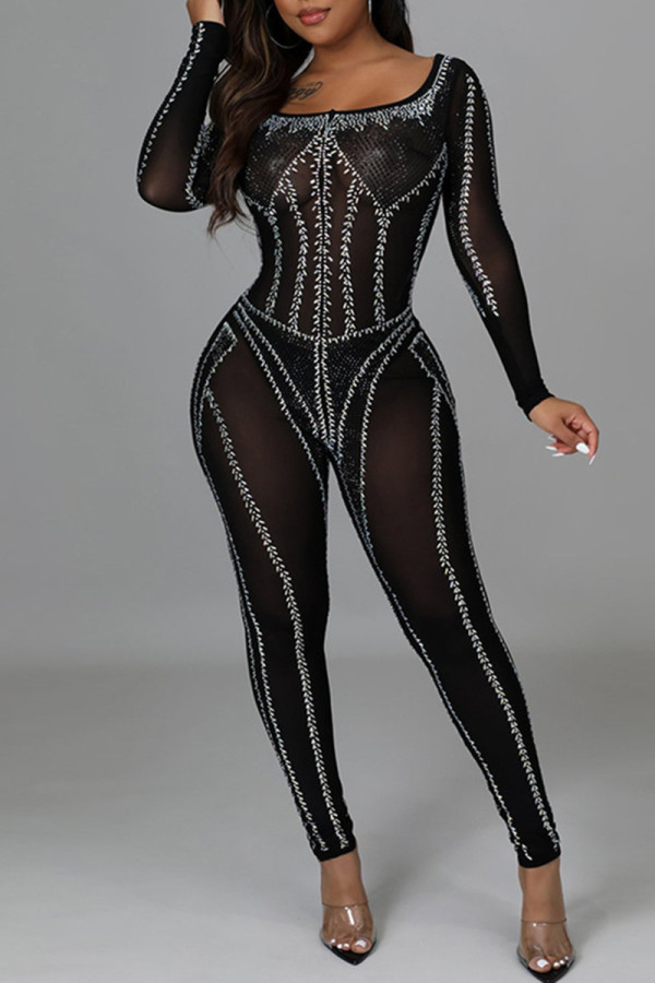 Black Fashion Sexy Patchwork Hot Drilling See-through Backless Square Collar Skinny Jumpsuits