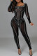 Black Fashion Sexy Patchwork Hot Drilling See-through Backless Square Collar Skinny Jumpsuits