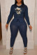 Navy Blue Fashion Casual Skull Head Print Basic O Neck Long Sleeve Two Pieces