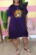 Purple Fashion Casual Print Basic O Neck Short Sleeve Dress