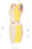 Yellow Sexy Casual Solid Patchwork O Neck Sleeveless Two Pieces