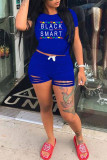 Pink Fashion Casual Letter Print Ripped O Neck Short Sleeve Two Pieces