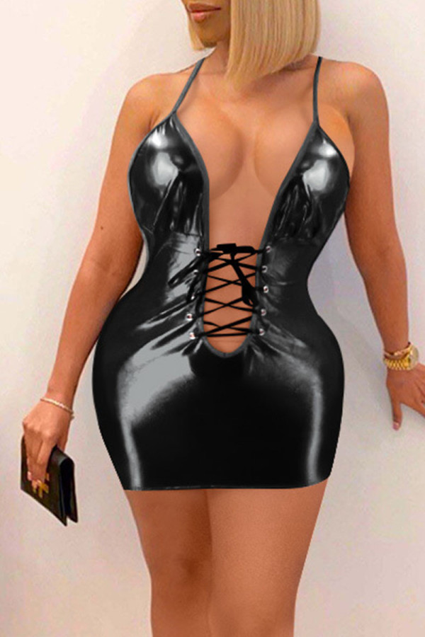 Black Sexy Solid Patchwork Frenulum Backless Pencil Skirt Dresses