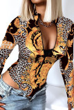 Leopard Print Fashion Sexy Print Basic Zipper Collar Long Sleeve Skinny Romper