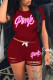 Burgundy Fashion Casual Letter Print Ripped O Neck Short Sleeve Two Pieces