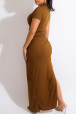 Coffee Sexy Casual Solid Draw String Frenulum Slit O Neck Short Sleeve Dress