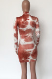 Tangerine Red Sexy Print Hollowed Out Patchwork Half A Turtleneck Pencil Skirt Dresses