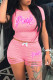 Pink Fashion Casual Letter Print Ripped O Neck Short Sleeve Two Pieces