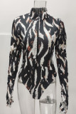 Leopard Print Fashion Sexy Print Basic Zipper Collar Long Sleeve Skinny Romper