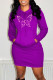 Purple Fashion Casual Butterfly Print Basic Hooded Collar Long Sleeve Dresses