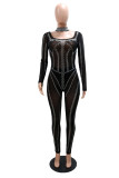 Black Fashion Sexy Patchwork Hot Drilling See-through Backless Square Collar Skinny Jumpsuits