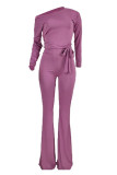 Purple Fashion Casual Solid Basic Oblique Collar Regular Jumpsuits