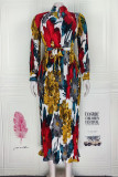 Multicolor Fashion Casual Print Fold Turtleneck Long Sleeve Dresses (Without Belt)