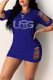 Blue Fashion Casual Letter Hot Drill O Neck One Step Skirt Dresses