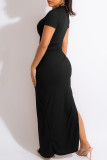 Coffee Sexy Casual Solid Draw String Frenulum Slit O Neck Short Sleeve Dress