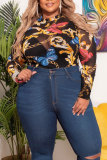 Black Plus Size Print O Neck Skinny Playsuits