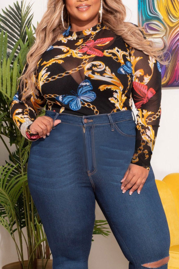 Black Plus Size Print O Neck Skinny Playsuits